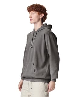A grey adult hooded sweatshirt with a front pocket and drawstring hood, featuring a logo on the chest.