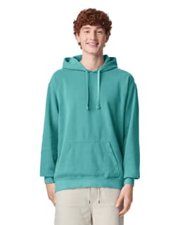 A turquoise adult hooded sweatshirt with a front pocket and a drawstring hood, featuring a logo.