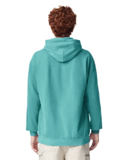A teal adult hooded sweatshirt with a kangaroo pocket and adjustable hood, featuring a logo.