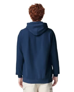A navy adult hooded sweatshirt, viewed from the back, featuring a large hood and a branding logo.