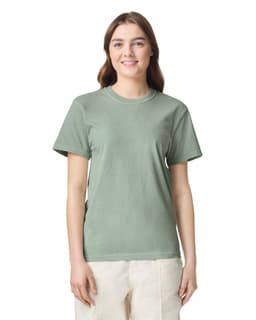 A lightweight, sage green adult heavyweight T-shirt with short sleeves and a plain design. Features a logo on the upper left.