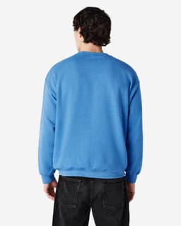 A blue Gildan Heavy Blend Adult Crewneck Sweatshirt displayed from the back, featuring long sleeves and a simple design.