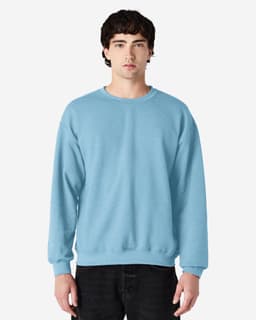 A light blue Gildan Heavy Blend adult crewneck sweatshirt with a plain design and a logo.