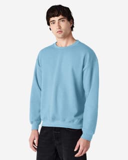 A blue crewneck sweatshirt is displayed, featuring long sleeves and a relaxed fit. It has a visible logo.