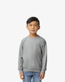 A grey Gildan Heavy Blend youth sweatshirt with a crew neckline and long sleeves, featuring a subtle logo.