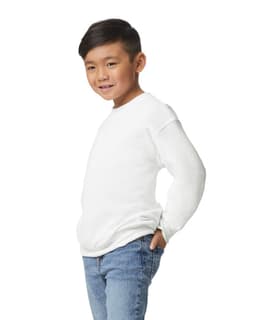 A white youth sweatshirt in a casual style, worn by a smiling child, with a relaxed fit and long sleeves.