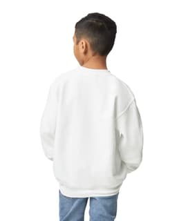 A white Gildan Heavy Blend youth sweatshirt viewed from the back, worn by a child with short black hair.