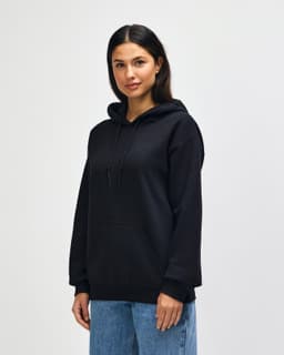 A black hooded sweatshirt featuring a front pocket and a drawstring hood, with a logo on the chest.
