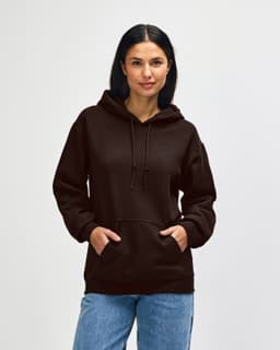 A brown Gildan Heavy Blend adult hooded sweatshirt with a front pocket and adjustable drawstring hood.
