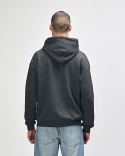 A grey adult hooded sweatshirt with a large adjustable hood, seen from the back. Features a classic fit.