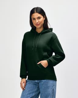 A green hooded sweatshirt stands on a model, featuring a front pocket and drawstring hood. It has branding on the garment.