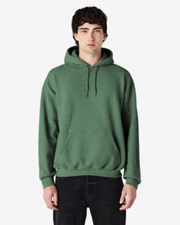 A green Gildan Heavy Blend hooded sweatshirt with a kangaroo pocket and drawstring hood, featuring a logo.