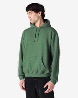 A green Gildan Heavy Blend adult hooded sweatshirt with a kangaroo pocket and adjustable drawstring hood.