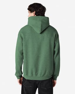 A green Gildan Heavy Blend adult hooded sweatshirt, featuring a hood and a plain back design.