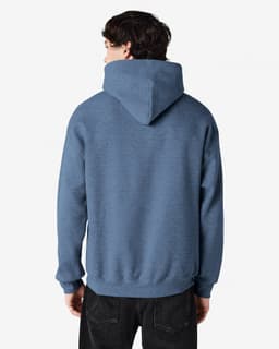 A blue Gildan Heavy Blend adult hooded sweatshirt viewed from the back, featuring a logo on the left side.