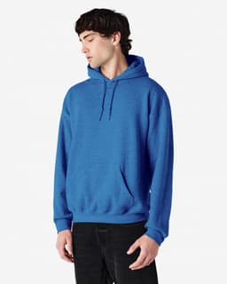 A blue hooded sweatshirt with a front pocket and an adjustable drawstring hood, featuring a logo.