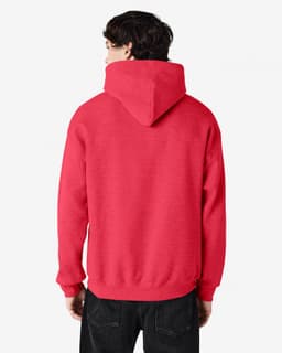 A red Gildan Heavy Blend Adult Hooded Sweatshirt viewed from the back, featuring a hood and a simple design.