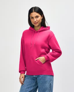 A pink hooded sweatshirt with a front pocket and drawstring hood. It features a logo on the front.