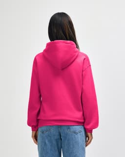 A pink hooded sweatshirt with a back view, featuring a hood and a simple design.