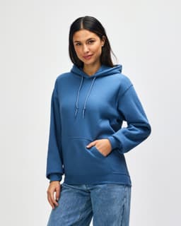 A blue hooded sweatshirt with a front pocket and a drawstring hood, worn by a model.