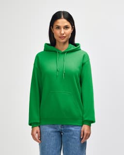A green hooded sweatshirt with a front pocket, featuring a logo, worn by a model.