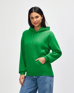 A green hooded sweatshirt with a front pocket and drawstring hood, featuring a logo on the front.