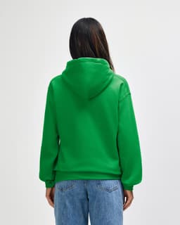 A green adult hooded sweatshirt with a hood and a relaxed fit, featuring a logo on the back.