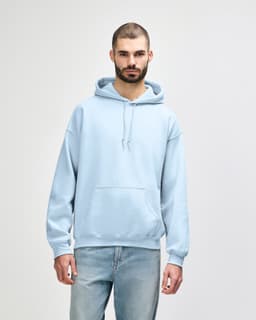 A light blue hooded sweatshirt with a front pocket and drawstring. It features a logo on the side.