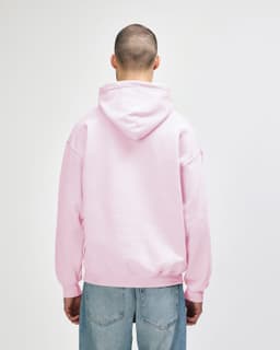 A pink hooded sweatshirt with a back view, featuring a kangaroo pocket and a logo.