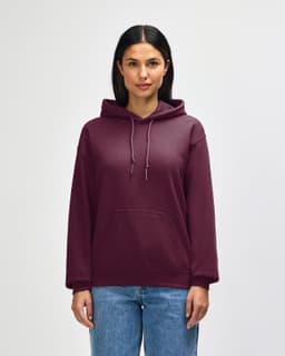 A burgundy Gildan Heavy Blend adult hooded sweatshirt with a kangaroo pocket and a hood.
