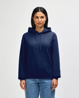 A navy blue adult hooded sweatshirt with a front pocket and drawstring hood, worn by a model.