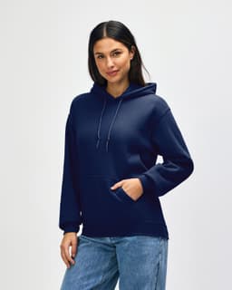 A navy Gildan Heavy Blend adult hooded sweatshirt with a front pocket and adjustable drawstring hood.