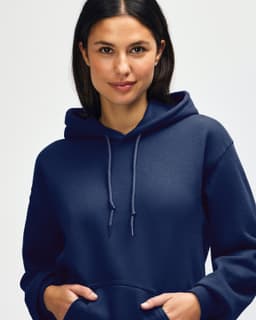 A navy blue hooded sweatshirt features a woman with long hair, showcasing the garment's hood and neckline.