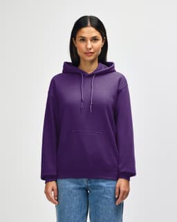 A purple Gildan Heavy Blend adult hooded sweatshirt with a front pocket and a logo on the sleeve.