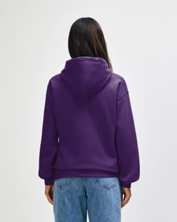 A back view of a purple hooded sweatshirt with a kangaroo pocket and a hood, featuring a branding logo.