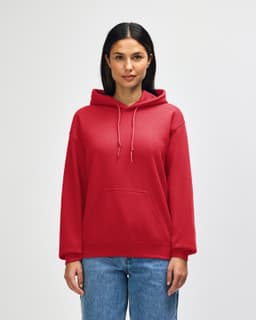 A red Gildan Heavy Blend adult hooded sweatshirt with a front pocket and drawstring hood, featuring a logo.
