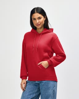 A red Gildan Heavy Blend adult hooded sweatshirt with a front pocket and a hood. It features a brand logo.