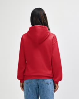 A red Gildan Heavy Blend adult hooded sweatshirt, viewed from the back, features a hood and a simple design.