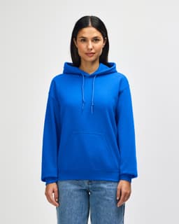 A blue hooded sweatshirt with a front pocket, featuring a logo, worn by a model against a plain background.