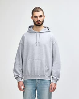 A grey hooded sweatshirt with a front pocket and a drawstring hood, featuring a branded logo.