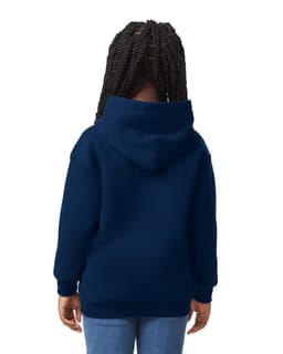 A navy blue youth hooded sweatshirt with a kangaroo pocket and a large hood. The back view shows braided hair.
