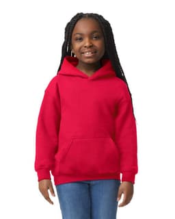 A red youth hooded sweatshirt with a front pocket, featuring a hood and a logo.
