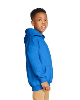 A youth hooded sweatshirt in bright blue, featuring a front pouch pocket and a logo.