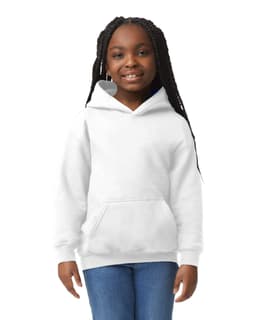 A white youth hooded sweatshirt with a front pocket, designed for comfort and style.