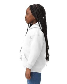A youth hooded sweatshirt in white, featuring a kangaroo pocket and a hood, displayed on a child from the side.