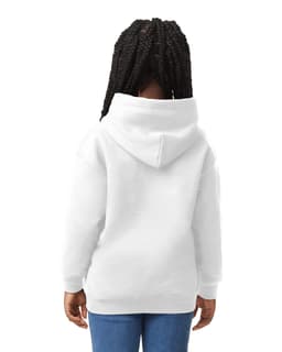 A white hooded sweatshirt for youth featuring a large hood and a casual fit, presented from the back.