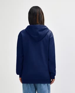 A navy blue full zip hooded sweatshirt with a front zipper and a hood, displayed on a model.
