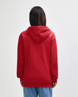A red Gildan Heavy Blend adult full zip hooded sweatshirt with a hood, viewed from the back.