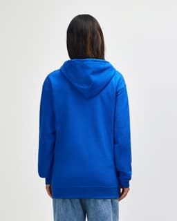 A blue Gildan Heavy Blend Adult Full Zip Hooded Sweatshirt displayed from the back, featuring a hood.