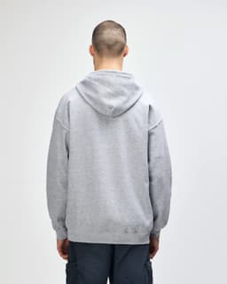 A grey Gildan Heavy Blend adult full zip hooded sweatshirt, featuring a hood and a plain back design.